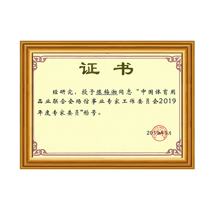 中國體育用品業(yè)聯(lián)合會(huì)場館事業(yè)專家工作委員會(huì)2019年度專家委員稱號(hào) - 戴思樂科技集團(tuán)有限公司
